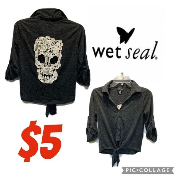 $5 ADD ON ITEM/Collard button up front tie knit skull detail - Picture 1 of 14